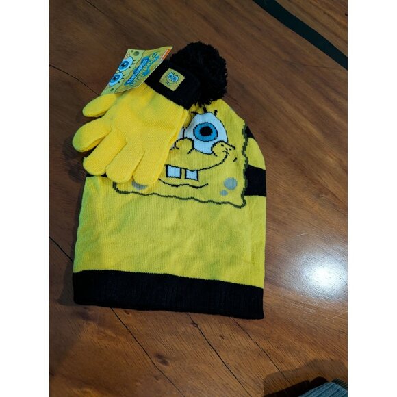 SpongeBob Kids Beanie & Glove Set o\s  Yellow/Black Knit Winter Hat With Pom - Picture 2 of 5